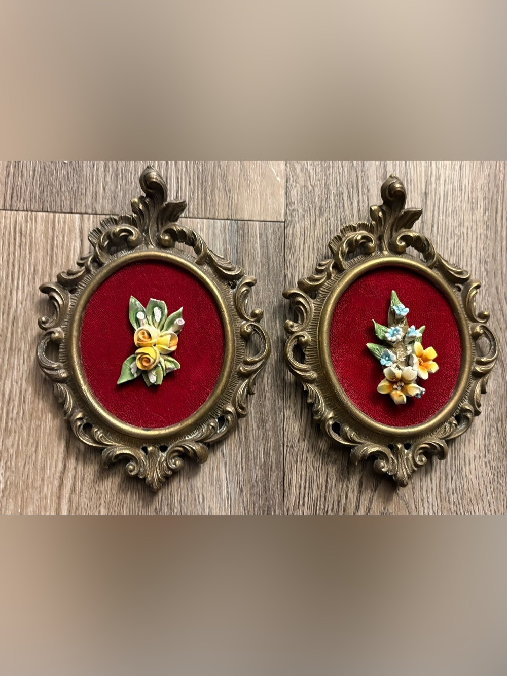 Ornate Vintage Floral Wall Plaques - Red Velvet & Porcelain Flowers